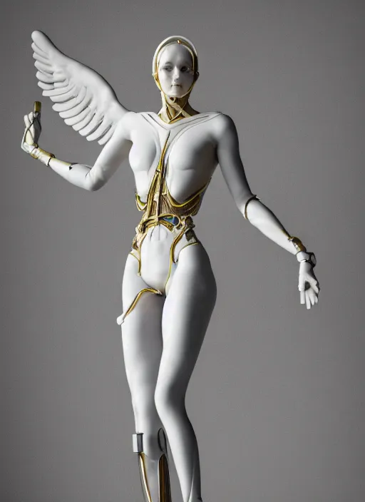 Prompt: a statue made of white marble with gold veins, of an beautiful gorgeous futuristic cybernetic angel athletic girl, prostheses, transhumanism, full body shot, perfect symmetrical body, perfect symmetrical face, hyper realistic, hyper detailed, by johannen voss, by peter kemp, by monia merlo, by michelangelo, octane render, blender, 8 k