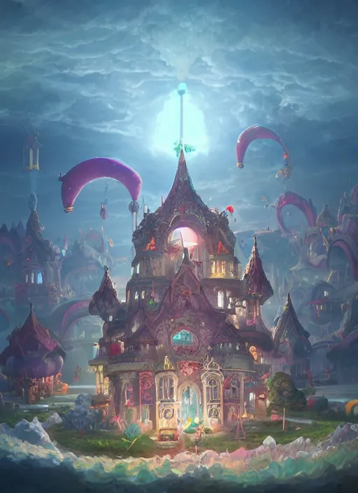 Image similar to foam priest and his bubble kingdom, beautiful landscape, highly detailed, flying buildings, palace, bubble trees, artstation, masterpiece, art by dylan kowalski and huifeng huang