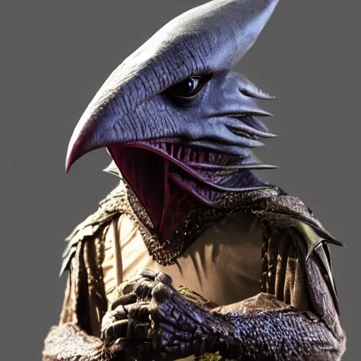 Image similar to evil skeksis from the dark crystal. dark undertones. volumetric lighting.