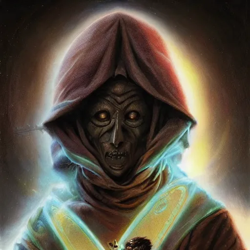 Image similar to masked nomad male wearing a cloak on an alien world and holding a holographic planet projection in his hand, detailed, sci - fi, digital painting, artstation, sharp focus, illustration, ominous, artgerm, tomasz alen kopera, peter mohrbacher, donato giancola, joseph christian leyendecker, wlop, frank frazetta