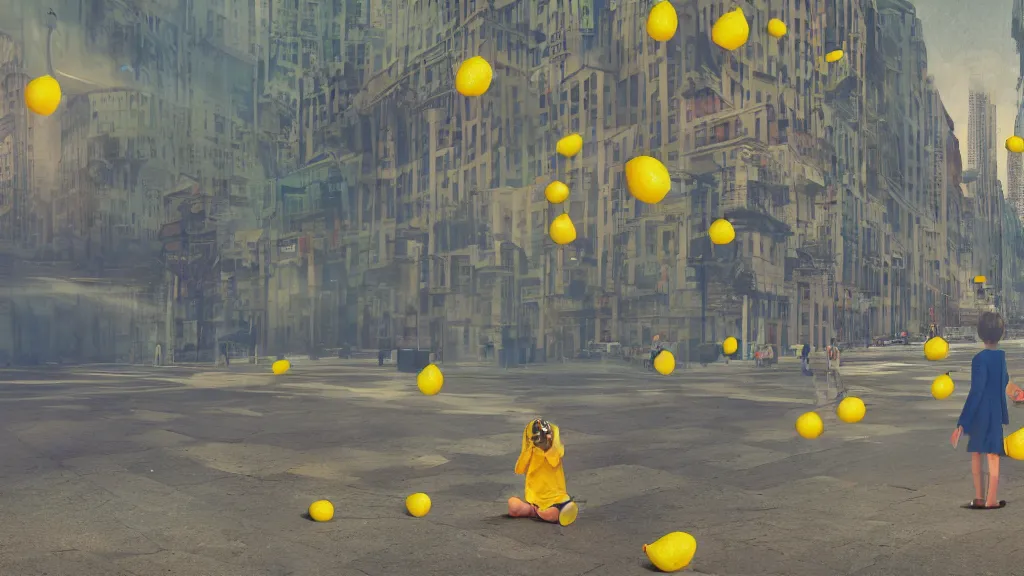 Image similar to two flies reading in the streets, antropomorphic, city landscape, lemons, daytime, colorful, depth haze, volumetric lighting, concept art, cinematic, 3 5 mm lens, 4 k