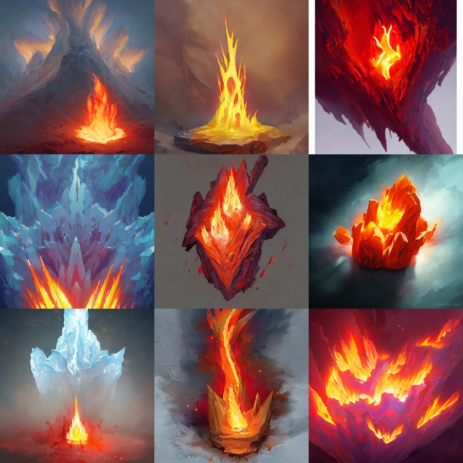 Prompt: crystal formation, shaped like flame, painted by greg rutkowski