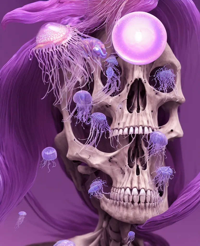 Image similar to goddess close-up portrait human skeleton, ram skull, jellyfish, orchid, betta fish, bioluminiscent, intricate artwork by Tooth Wu and wlop and beeple. octane render, trending on artstation, greg rutkowski very coherent symmetrical artwork. cinematic, hyper realism, high detail, octane render, 8k