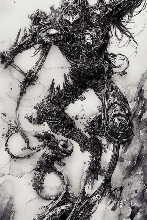 Image similar to vampire cyborg , pen and ink, intricate line drawings, by Yoshitaka Amano, Ruan Jia, Kentaro Miura, Artgerm, watercolor