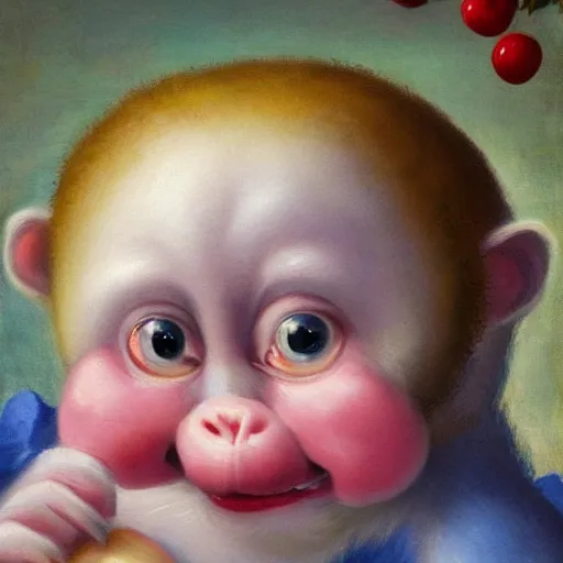 Image similar to magical scene. the sweet old very fat baby white monkey, red lips, blue eyes, is in love with her fancy beautiful colorful white fish. close up. clear face. subsurface scattering shiny skin. cinematic scene. glossy. highly detailed, color harmony, art station, ornate, caravaggio style. 3 d, beautiful lighting, old photography