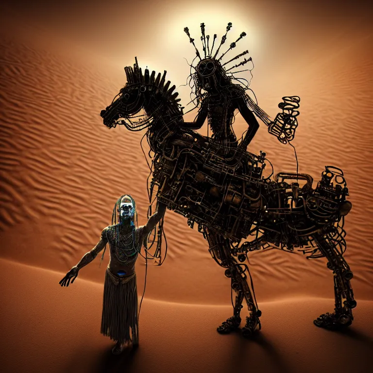 Image similar to A techno-magical shaman performs a ritual to resurrect a mechanical horse in a steely ancient ruin covered in dunes of sand. Masterpiece, fantasy art, future, cinematic, hyperdetailed, sigil, photorealistic, cyberpunk, postapocalyptic, steampunk, hyperrealism, octane rendering, 8k, depth of field, bokeh, shadows, art by Zdzisław Beksiński