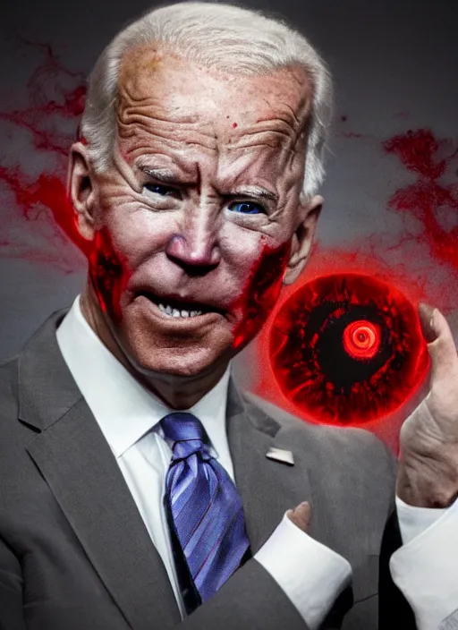 Image similar to hyper realistic ultra realistic horror terror dimensional photo furious glowing red eyes biden, high quality photo, detailed , 8k