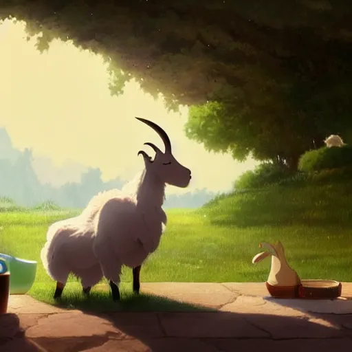 Image similar to a wholesome animation key shot of a goat smoking a joint, studio ghibli, pixar and disney animation, sharp, rendered in unreal engine 5, anime key art by greg rutkowski, bloom, dramatic lighting
