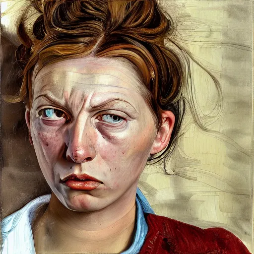 Image similar to high quality high detail painting by lucian freud, hd, angry brunette girl portrait, photorealistic lighting