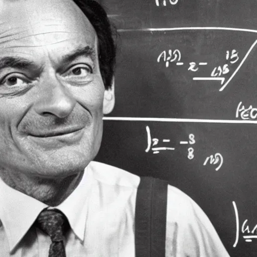 Prompt: richard feynman standing in front of equations on a blackboard, 1960s,