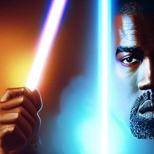 Prompt: Portrait of Kanye West as a jedi in Star Wars, splash art, cinematic lighting, dramatic, octane render, long lens, shallow depth of field, bokeh, anamorphic lens flare, 8k, hyper detailed, 35mm film grain