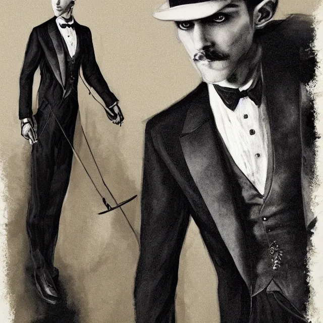 Image similar to photorealistic sepia portrait of a 1 9 2 0 s era male magician, well dressed, long - tailed tuxedo coat, in the style of dave dorman, atmospheric lighting, dark, brooding, painted, intricate, ultra detailed, well composed, best on artstation, cgsociety, epic, stunning, gorgeous, intricate detail, much wow, masterpiece