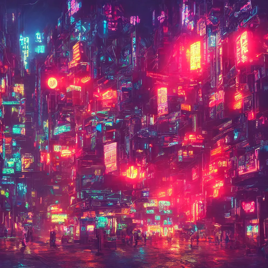 Prompt: a beautiful painting of a neon cyberpunk village by Tokio Aoyama, Mario Martinez, David Normal. photorealistic, trending on artstation, dramatic lighting, 8K, fantasy beautiful, surreal, cinematic