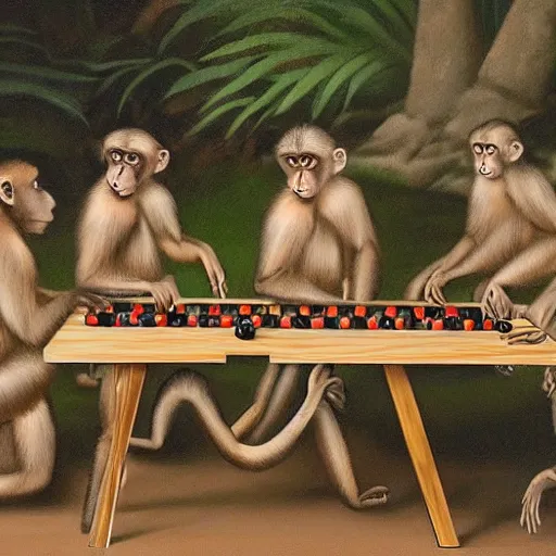 Image similar to A beautiful performance art of a group of monkeys playing backgammon. The monkeys are seated around a table, with some of them appearing to be deep in concentration while others appear to be playing more casually. by Gwenda Morgan robust