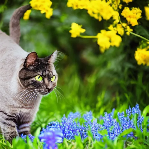 Prompt: photo of a cat drinking water surrounded by blue, purple, and yellow flowers in a modern house