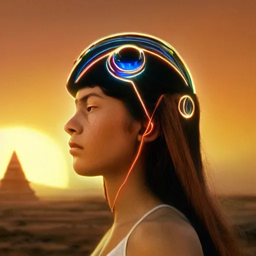 Image similar to beautiful Fine art photo of a young meditative godess wearing a cyberpunk electronic mayan helmet, photorealistic, high quality, sunrise lighting, in the movie 2001 A SpaceOdyssey, 8k