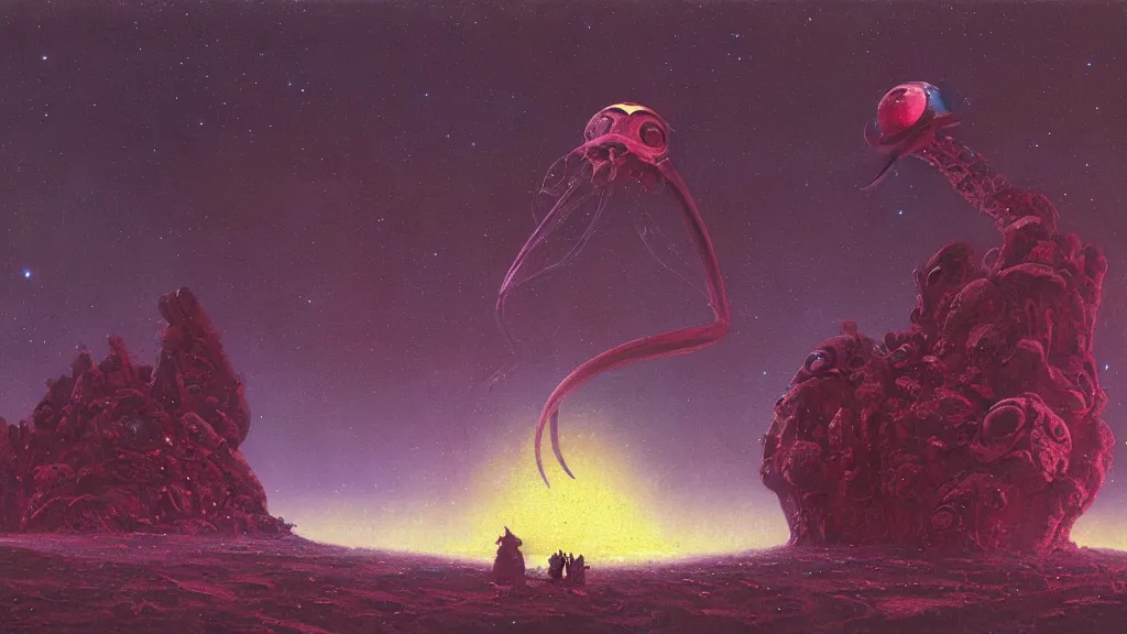 Prompt: mysterious whimsical sculpture of an alien cosmos by paul lehr and john schoenherr, cinematic matte painting