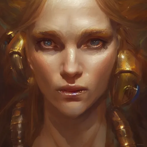Prompt: A head-on detailed oil portrait of a distinguished elf woman with small curly copper horns, long blonde hair and bright irises, by greg rutkowski, trending on artstation, dungeon and dragons art
