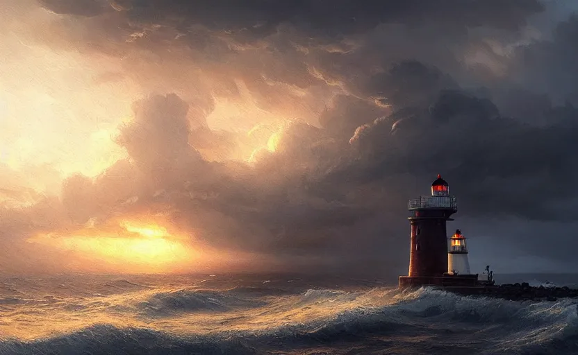 Image similar to painting of a lighthouse at sunset with a sailing ship in a storm, natural light, concept art, by greg rutkowski, cozy atmospheric and cinematic lighting