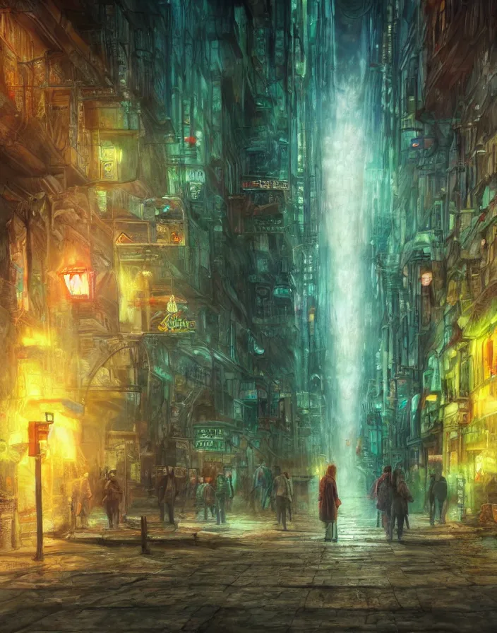 Image similar to god walking the streets of subway city, masterpiece, perfect composition, hyperrealistic, intricate oil pastel glow, dynamic lighting, photorealistic, fantasy concept art, ambient lighting, atmospheric moss, stunning visuals, creative, cinematic, ultra detailed, trending on art station