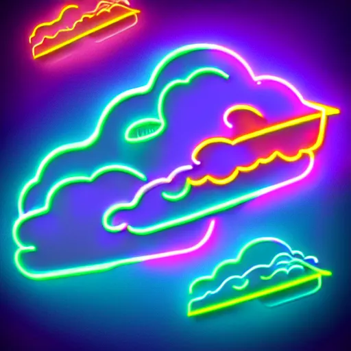 Prompt: flying neon 3 d words in magic colorful clouds in cyberpunk sky, cartoon