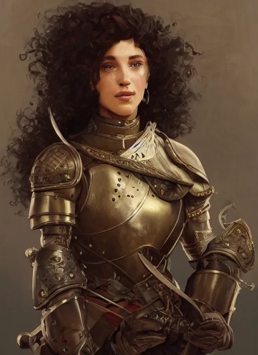 Prompt: medium-length portrait of a female knight with short curly hair and brown eyes, dark brown skin, happy expression, wears a combination of plate armor and boiled leather, medieval setting, highly detailed, digital painting, artstation, concept art, sharp focus, illustration, art by greg rutkowski and alphonse mucha