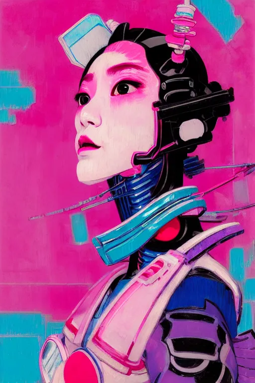 Prompt: portrait of a stylized japanese young mecha - geisha, painted in acrylic, pigment textures, in the colors hot pink and cyan, beautiful realistic face, rule of thirds, spotlight, by greg rutkowski, by jeremy mann, by francoise nielly, by van gogh, by ross tran, in focus, in the style of ghost in the shell