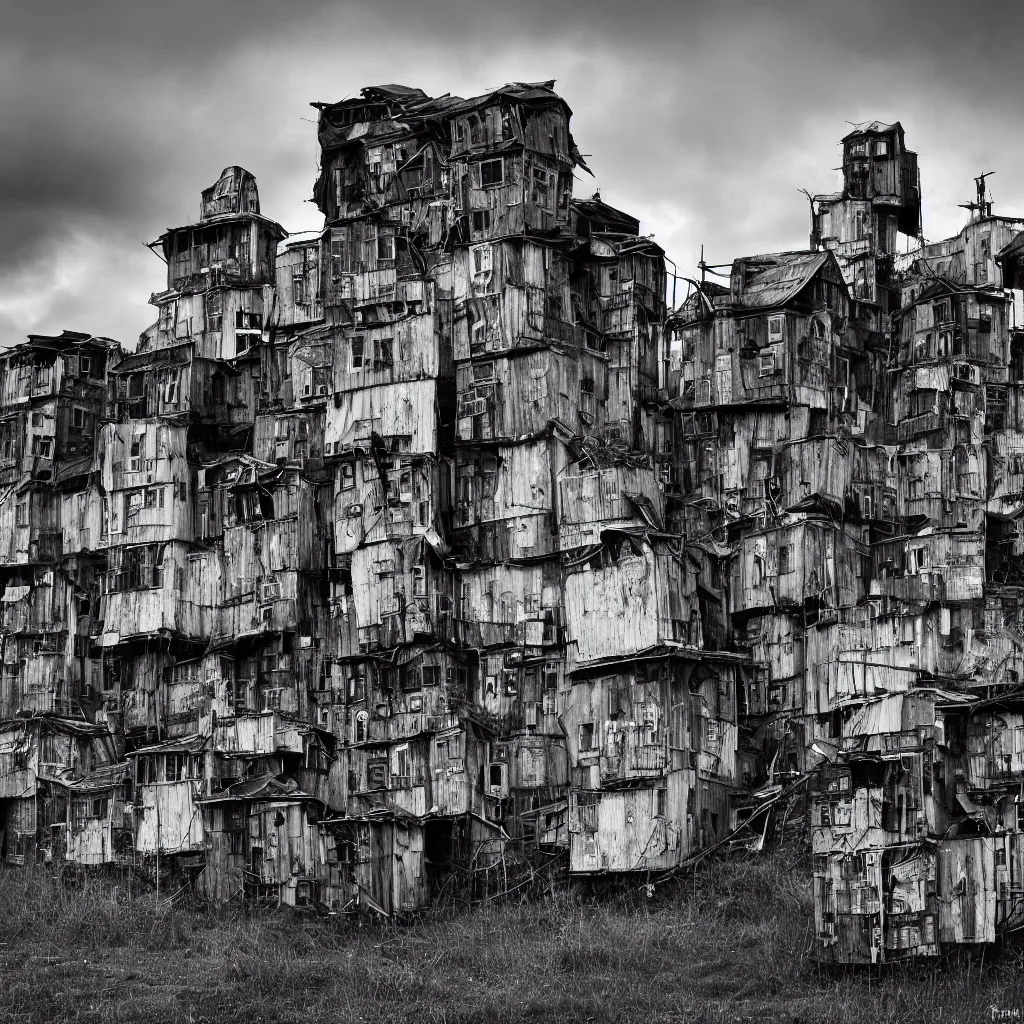 Prompt: two towers, made up of colourful makeshift squatter shacks, dystopia, hasselblad x 1 d, moody sky at the back, fully frontal view, very detailed, ultra sharp, photographed by jeanette hagglund and ansel adams