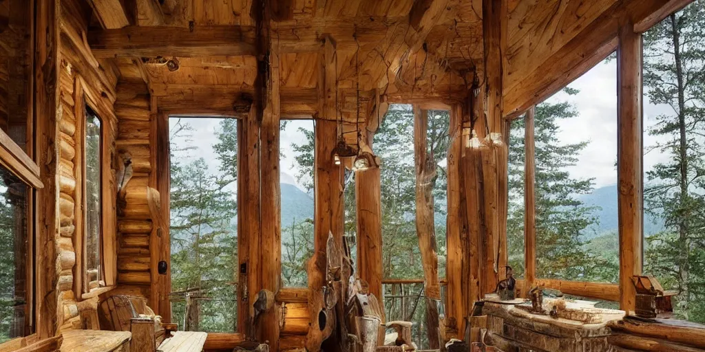 Image similar to stunning rustic cabin exterior in appalachian hills by andreas franke