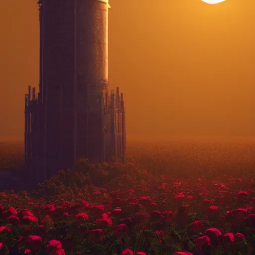 Prompt: a dark tower in the center of a field of roses. golden hour. photorealism. octane render. 4 k artstation trends