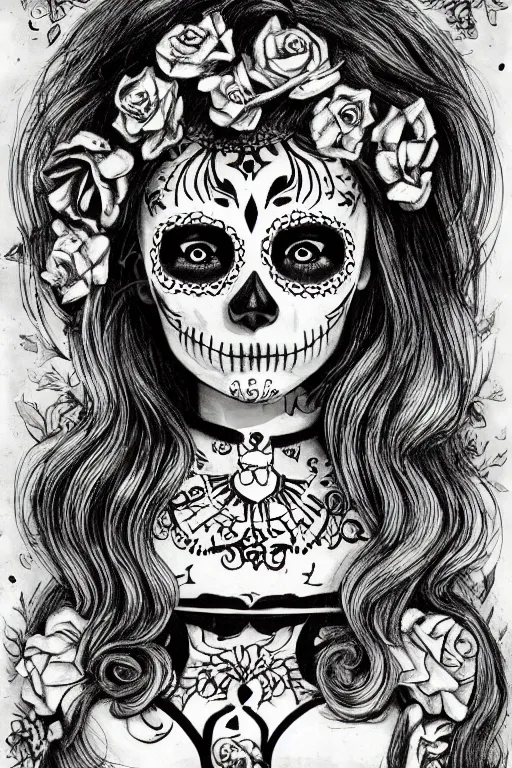 Image similar to Illustration of a sugar skull day of the dead girl, art by richard doyle