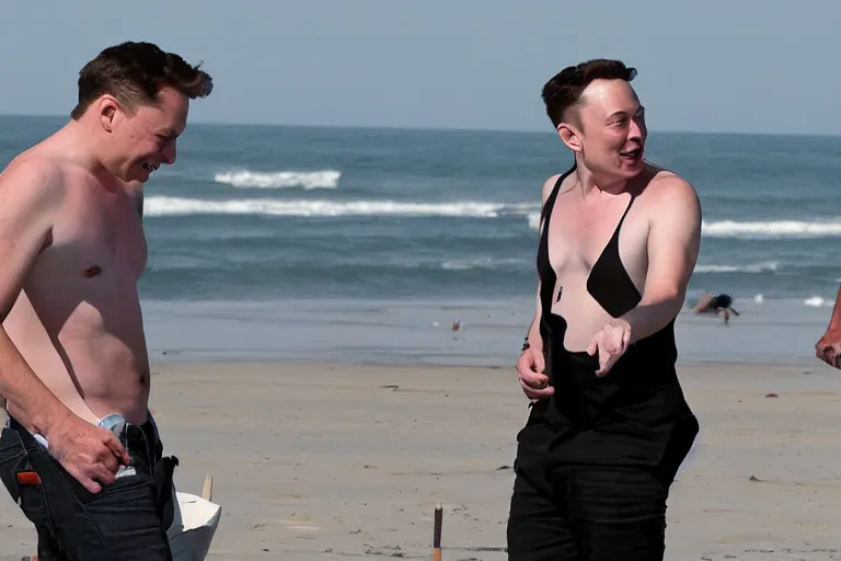 Image similar to drunk elon musk in the beach