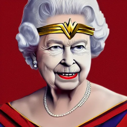 Image similar to The Queen Elizabeth II as wonder woman, photorealism, detailed, square