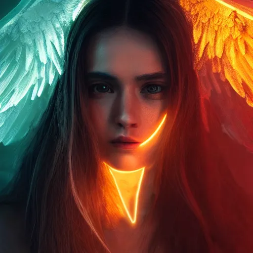 Image similar to portrait art of female angel by alessio albi 8 k ultra realistic, angel wings, lens flare, atmosphere, glow, detailed, intricate, full of colour, cinematic lighting, trending on artstation, 4 k, hyperrealistic, focused, extreme details, unreal engine 5, cinematic, masterpiece