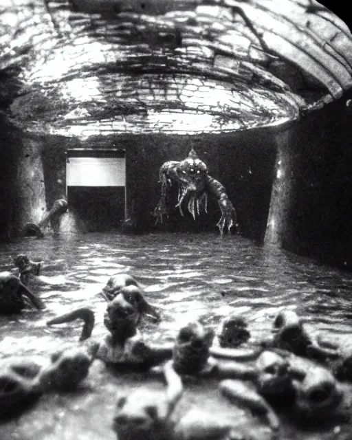 Prompt: terrifying reptile humanoid creatures of the abyss, lurking, waiting, hiding, in a shady public swimming pool, liminal spaces, ritual occult gathering, 3 5 mm film photo, film grain