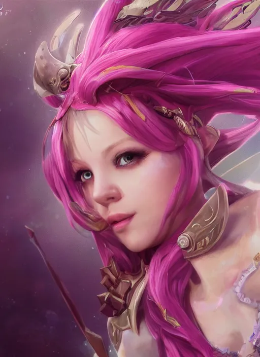 Image similar to seraphine, from league of legends, pink hair, musician, musical keyboard, hyper detailed, digital art, trending in artstation, cinematic lighting, studio quality, smooth render, unreal engine 5 rendered, octane rendered, art style by klimt and nixeu and ian sprigger and wlop and krenz cushart