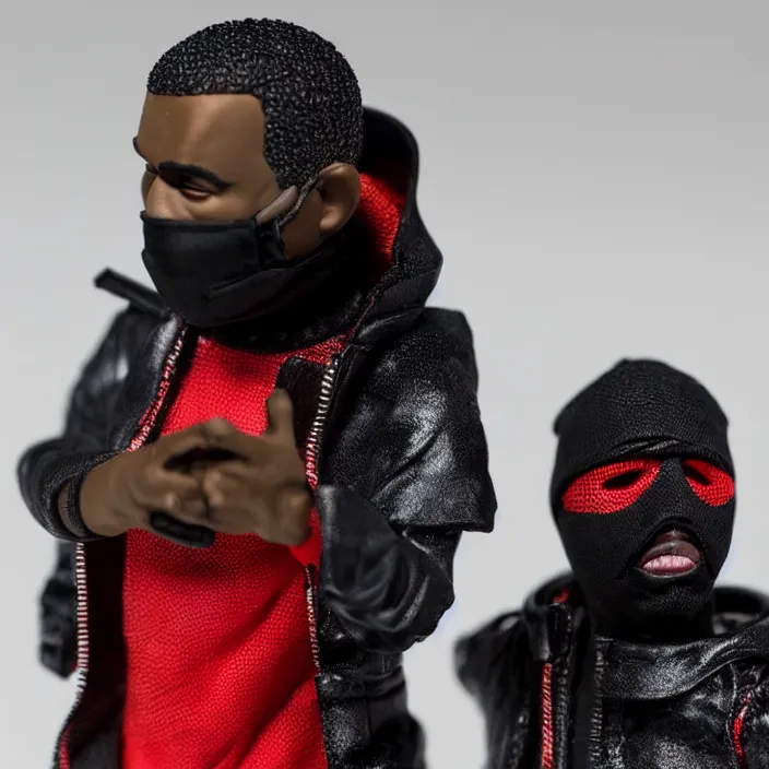 Image similar to a action figure of kanye west using full face - covering black mask with small holes. a small, tight, undersized reflective bright red round puffer jacket made of nylon. a shirt underneath. red nylon reflective pants. a pair of red shoes, figurine, detailed product photo, 4 k, realistic, acton figure, studio lighting, professional photo