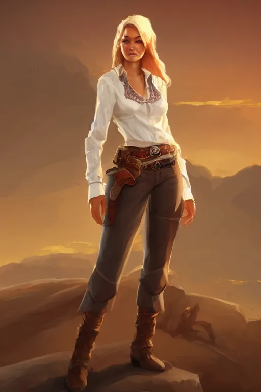 Image similar to full body, female cowgirl, perfect face, white blouse, holster, 8 k, magic the gathering, desert, d & d, artstation, high detail, smooth, sweaty character concepts by senior concept artist