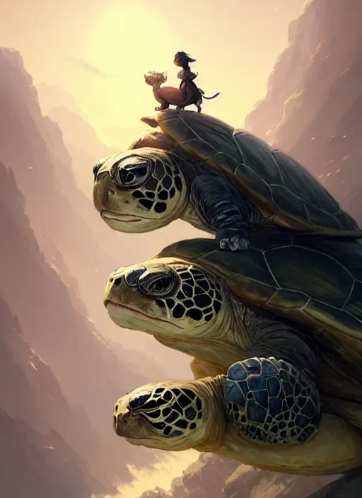 Image similar to character portrait of The tallest mountain topped by a cat riding a gigantic turtle, with another cat riding a large turtle atop the mountain. By Greg Rutkowski. cute beautiful attractive detailed. Character design by charlie bowater, ross tran, artgerm, and makoto shinkai, detailed, inked, western comic book art