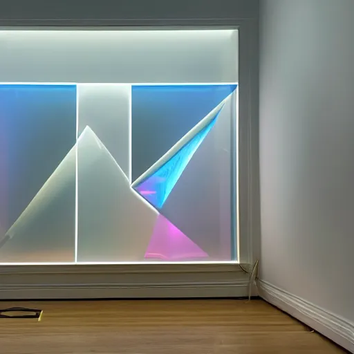 Image similar to an ultra high definition professional studio quality photograph of a transparent iridescent perspex pastel coloured art objects in an empty white room. dramatic lighting, ray tracing, refraction, shallow d. o. f, colour corrected, golden ratio, three point light. volumetric shadows. god rays.