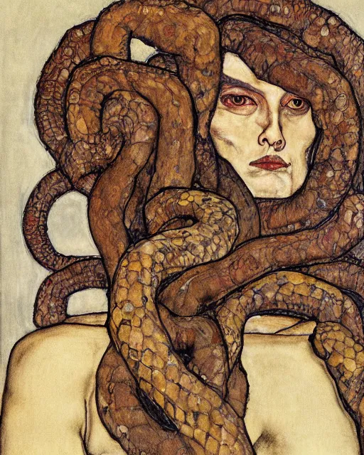 Prompt: portrait of a strong medusa with many pythons by egon schiele in the style of greg rutkowski