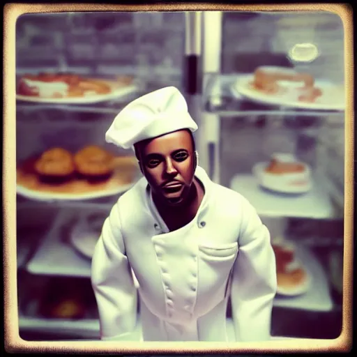 Image similar to “an award winning symmetrical photograph of an action figure doll of Kendrick Lamar working as a pastry chef”
