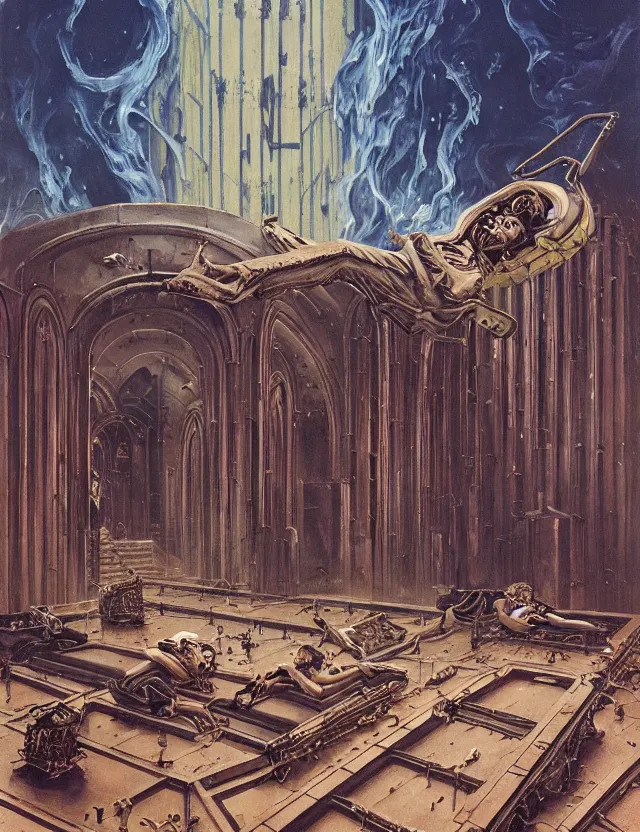 Image similar to huge gothic crematorium on desert planet, elevator, side ramp entrance ambulance smoke dead bodies, guards intricate, painting by lucian freud and mark brooks, bruce pennington, dark colors, neon, death, guards, nice style culture