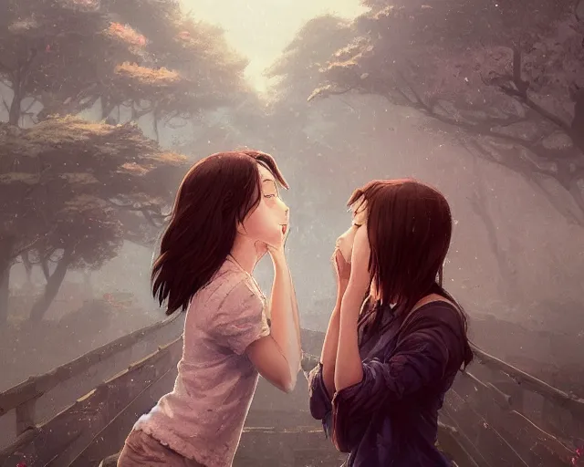 prompthunt: portrait of two girls kissing, anime, drawn by WLOP, trending  on Artstation