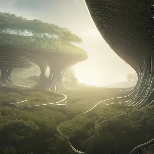 Prompt: futuristic branching and vaulted structure stretching out across the countryside, beautiful dynamic lighting, cinematic, wide angle establishing shot, extremely high detail, photo realistic, cinematic lighting, post processed, concept art, artstation, matte painting, style by eddie mendoza, raphael lacoste, alex ross, volumetric lighting, light rays, photorealistic, ultrarealistic, moody, coronarender, 8k