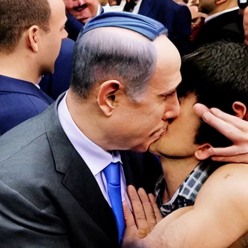 Image similar to benjamin netanyahu kissing naftali bennet, realistic, detailed