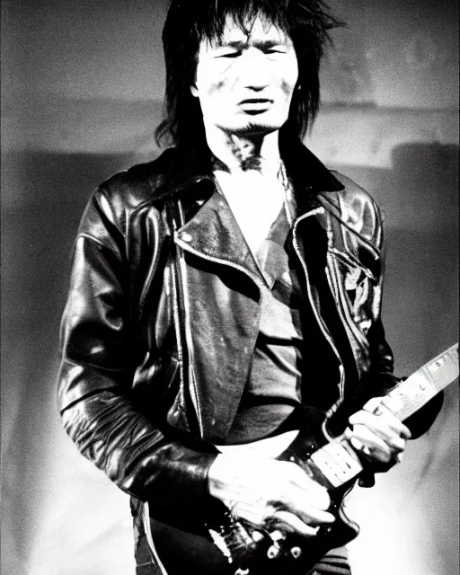 Image similar to sixty years old viktor tsoi with guitar in his hands, leather jacket, photo, microphone, rock concert, black and white, iso 9 0 0, 3 5 mm, kodak gold