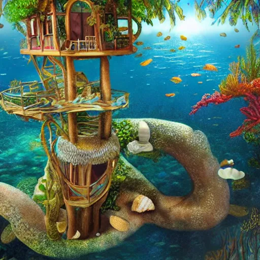 Prompt: underwater architecture treehouse style mansion made of seashells and coral on reef background with sunshine rays from above detailed oil painting 4 k