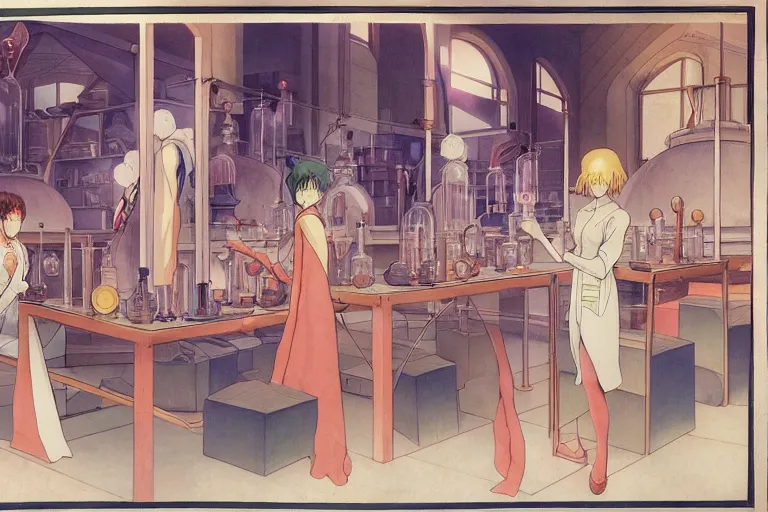 Image similar to cel shaded study of a group of alchemists in a late renaissance laboratory, key visual with intricate linework, in the stlye of moebius, ayami kojima, 90's anime, retro fantasy