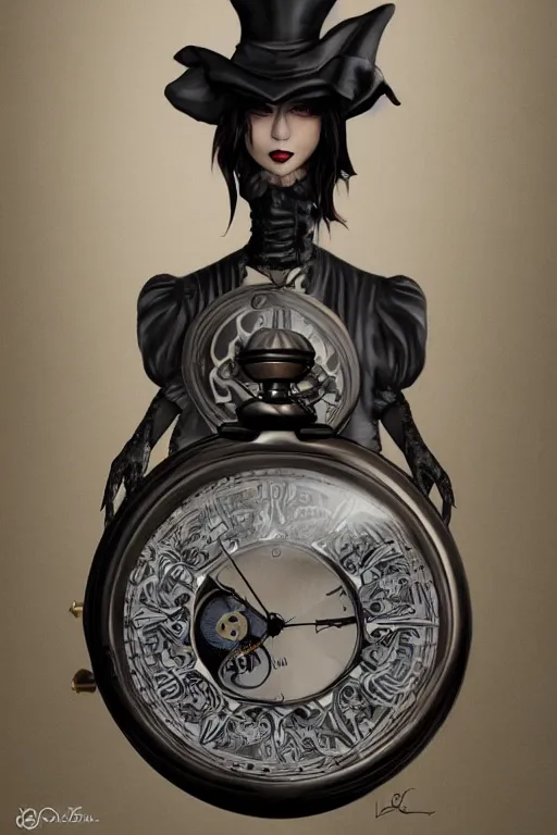 Prompt: a timekeeper with a pocket watch face. silk hat, full body, dark fantasy, concept art, gothic, intricate, ornate, ultra realistic, unreal engine